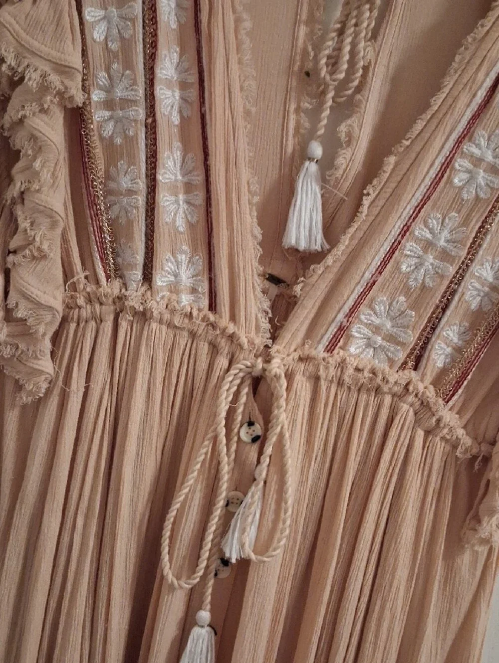 Free People Neutral Beige Embroidered Tassel Maxi Dress